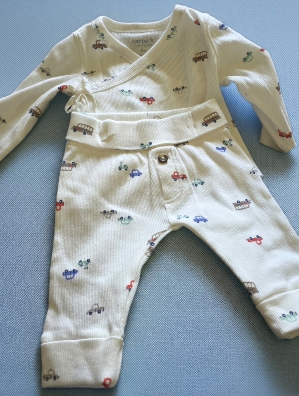 New 3mo Carter's Cream Baby Kimono Top & Pants with Multicolor Car Print
